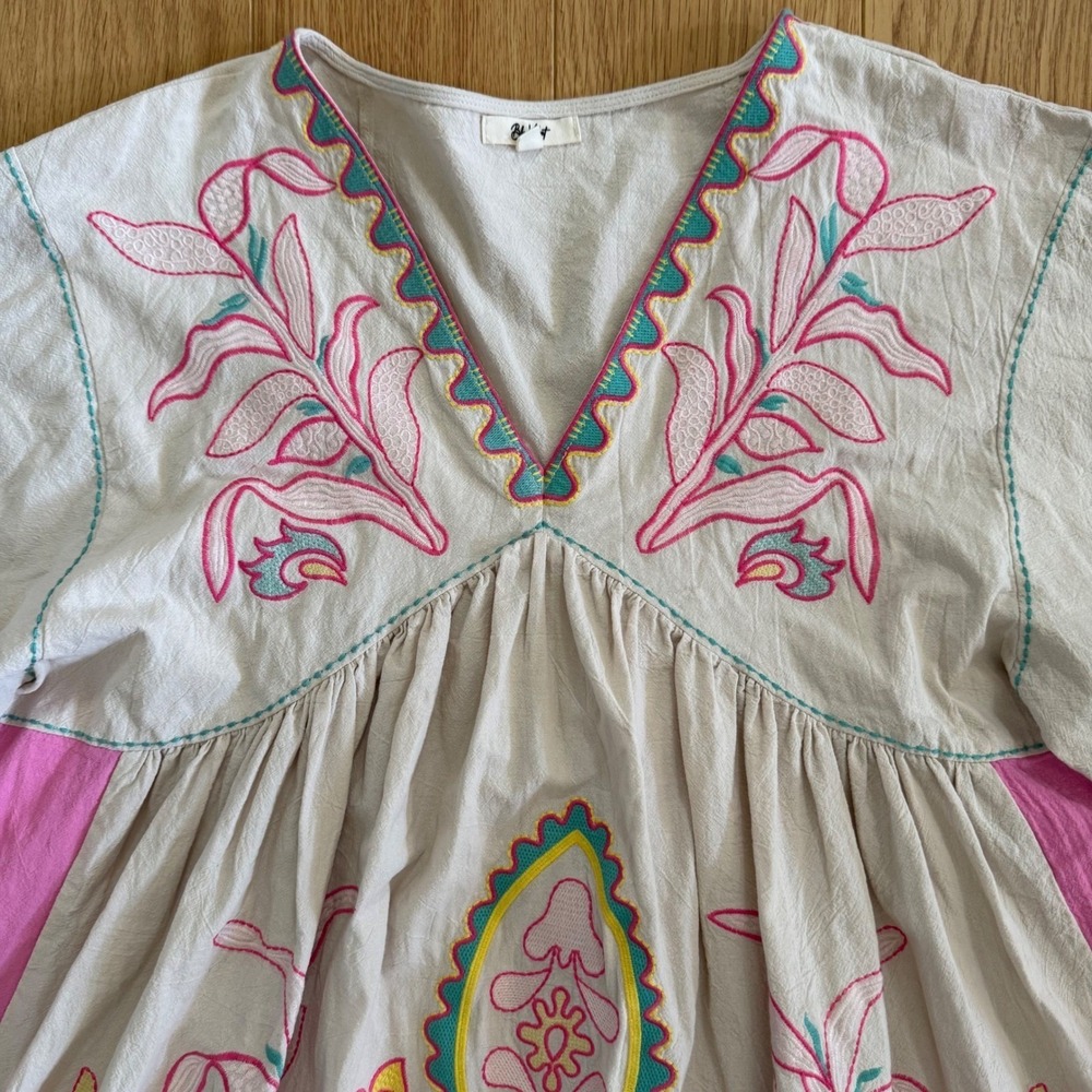 Blue Velvet embroidered Tunic Mini Dress Babydoll Medium Large Pink Boho Beach - Picture 4 of 11